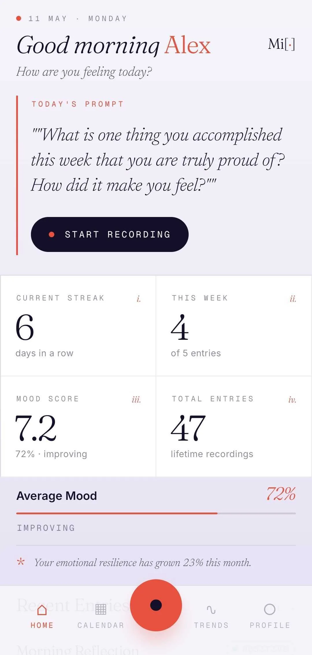 Mirova Home Screen - Track your mood, streaks, and emotional journey